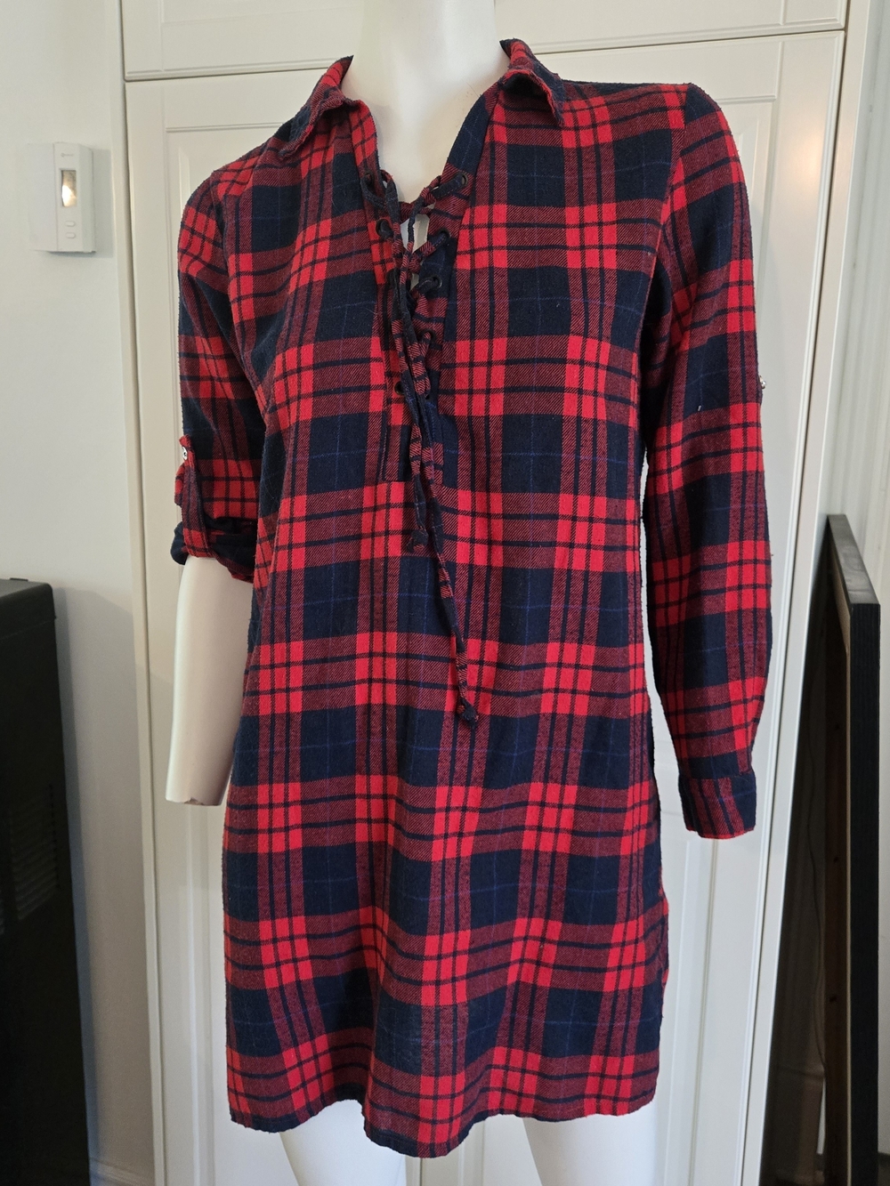 Red and Navy Plaid Lace-Up Tunic